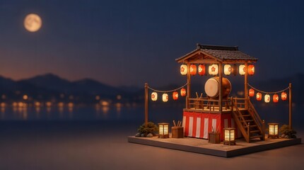Obraz premium Japanese Festival Stage with Taiko Drum and Lanterns at Night