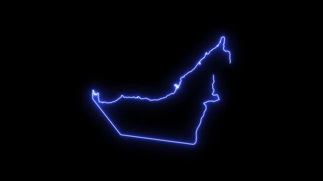 Glowing neon outline map of united arab emirates, uae country border animation on black background