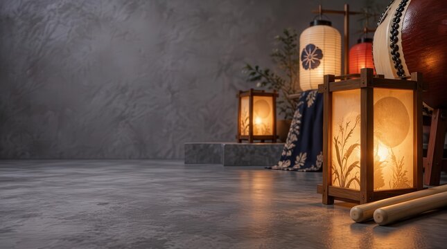 Japanese Lanterns and Taiko Drum with Copy Space on Stone Floor