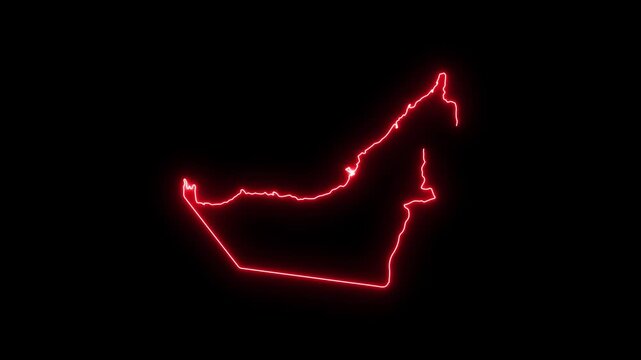 Glowing red neon outline map of united arab emirates on black background