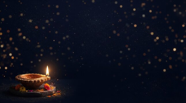 Peaceful Diwali Diya Lamp Glowing Brightly Against a Dark, Sparkling Bokeh Background, Symbolizing Tranquil Spiritual Celebration
