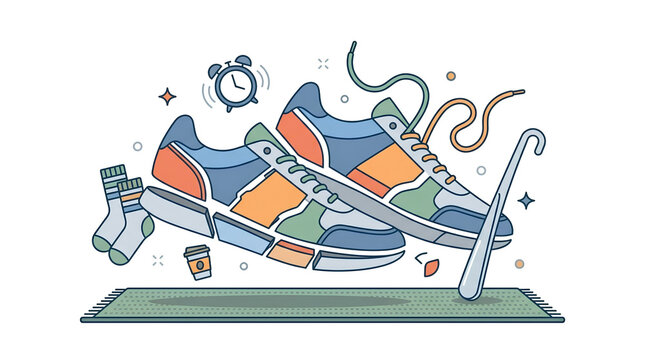 Colorful sneakers with socks and alarm clock illustration for active