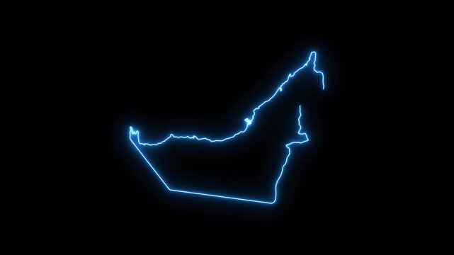 Glowing neon outline map of united arab emirates, uae country border animation on black background