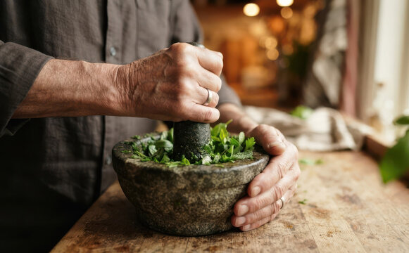 Senior man grinding fresh green herbs in a stone mortar for cooking healthy food in kitchen