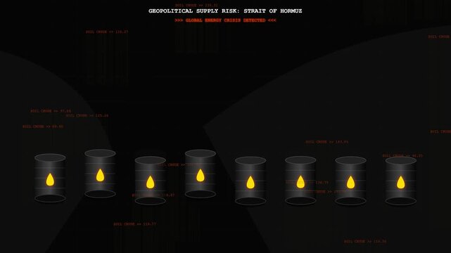 Geopolitical oil supply risk animation featuring crude oil barrels and financial energy crisis data display