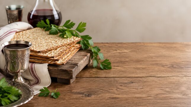 Matzah and Wine on Wooden Table with Copy Space