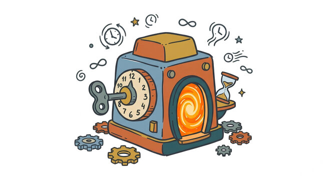 Hand drawn time machine illustration with clock and portal isolated