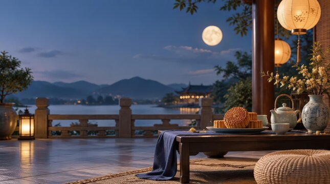 Mooncakes and Tea Set on Balcony Overlooking Lake under Full Moon