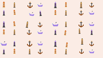 Nautical icons pattern with lighthouses, anchors, and ships © lucky