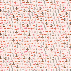 Nautical Pattern with Anchors, Lighthouses, and Ships © lucky
