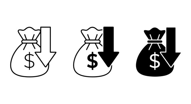 Money Bag Down Arrow Icons, Financial Loss Vector Set, Cost Reduction Symbols