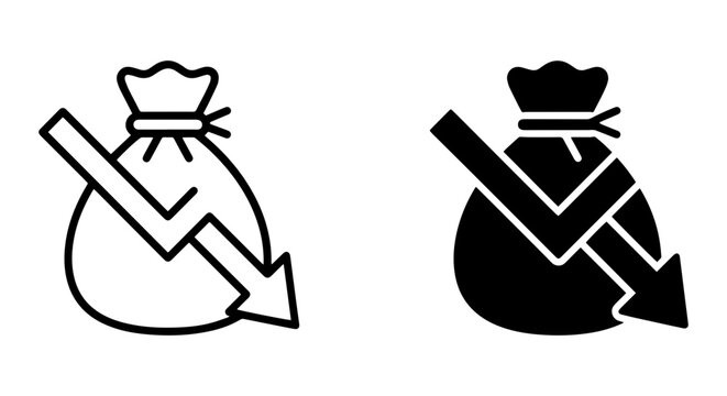 Money Bag Downward Trend Icon Set, Financial Loss Symbol, Economic Decline Vector