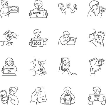 Hand-drawn ecommerce doodles covering special deals, checkout savings, payment requests, transaction security, payment errors, processing, receipts, discounts. 
