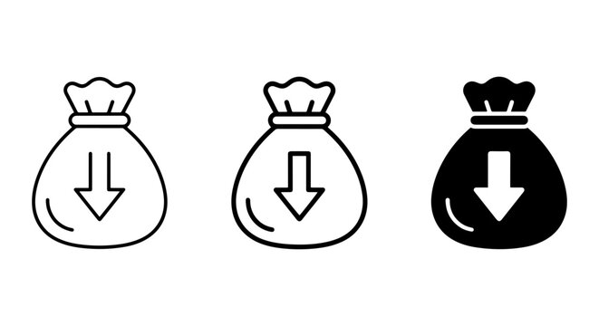Money Bag Icons, Financial Loss Symbols, Downward Trend Graphics, Vector Set