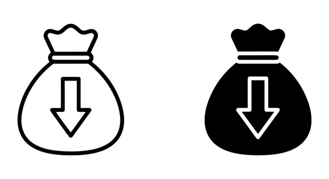 Money Bag Icons, Financial Loss Symbol, Downward Arrow Vector, Economic Downturn Graphic, Investment Risk Illustration