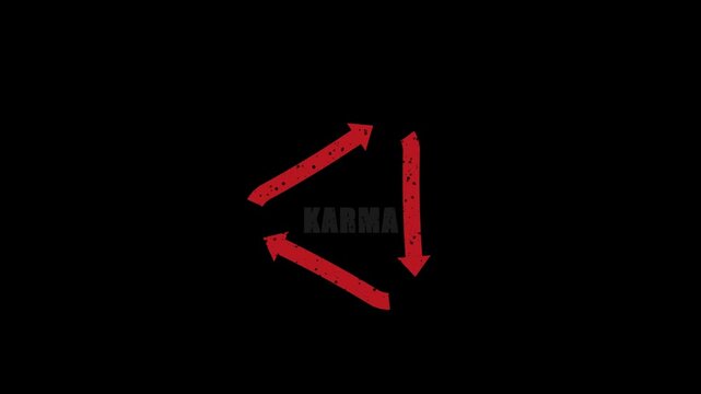 Red recycling symbol with the word karma stenciled on a weathered concrete wall, street art concept of cause and effect