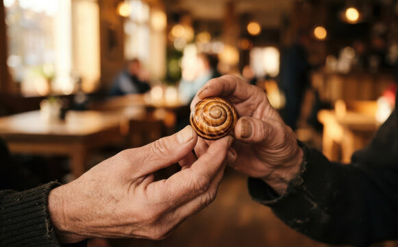 Elderly hands holding a spiral snail shell inside a warm rustic pub interior