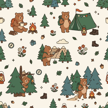 Adventure bear camping and hiking in forest seamless pattern.