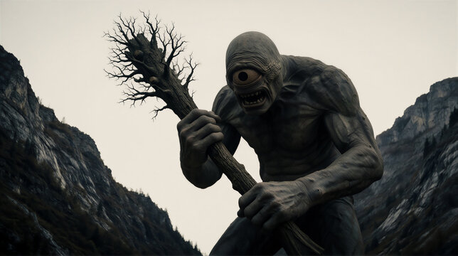 Giant cyclops holding a wooden club in a rocky mountain valley. Powerful one eyed mythological monster fantasy creature