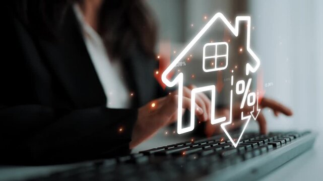Real estate market decline concept with house icon and percentage symbol over keyboard, representing economic trends and financial analysis Sigmoid