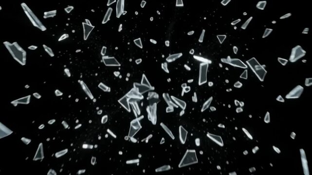 Shards of glass explode outward in a circular pattern against a solid black background, seamless looping video overlay.