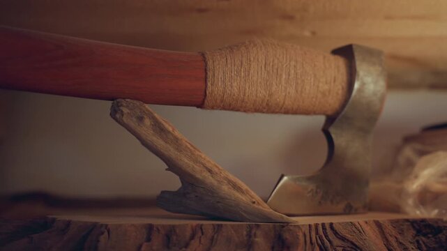 Close up reveals handle wrapped axe head placed upon rough hewn wooden planks in workshop setting. steady focus on tool and material highlights traditional woodworking techniques with warm
