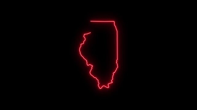 Neon red glowing outline map of illinois state, usa, digital motion united states