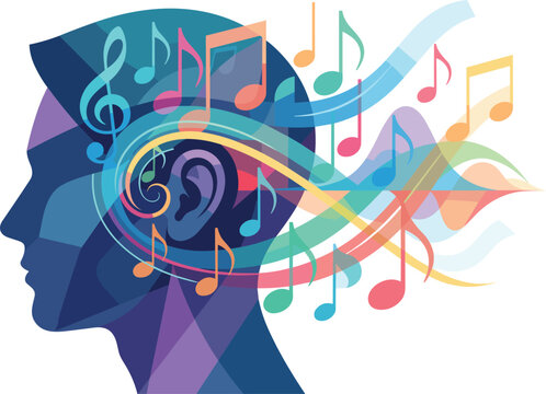 Creative abstract colorful music therapy concept illustration featuring low poly human head silhouette listening to vibrant flowing musical notes vectors