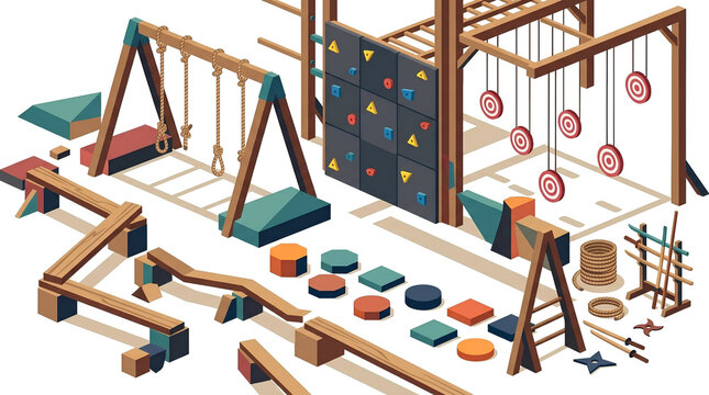 Isometric Ninja Training Obstacle Course Set with Climbing Wall and