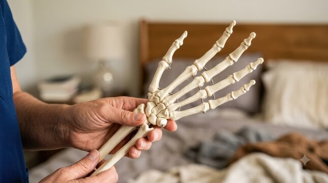 Medical professional holding an anatomical human hand and wrist skeleton model in a bedroom setting
