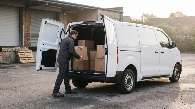 Delivery Van Being Loaded With Packages in Early Morning Light