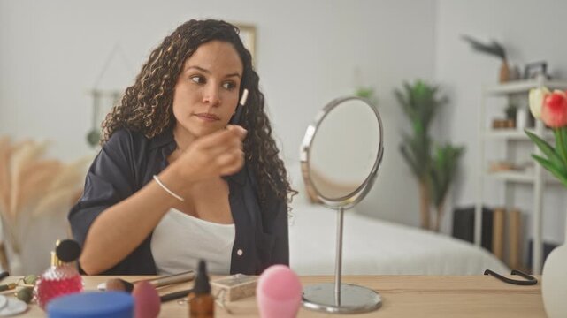 Woman brushes eyebrow with spoolie at vanity mirror, applying makeup and checking reflection while seated at dressing table in studio; self care calm.