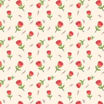 Cute red rose flower seamless pattern on cream background