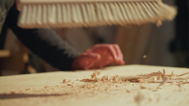 Close up shows woodworking details small hands use wooden brush to sweep wood shavings across workbench with tools like chisels visible. scene focuses on manual process of cleaning