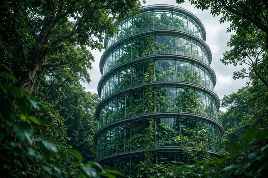Futuristic Circular Glass Conservatory Surrounded by Lush Tropical Jungle