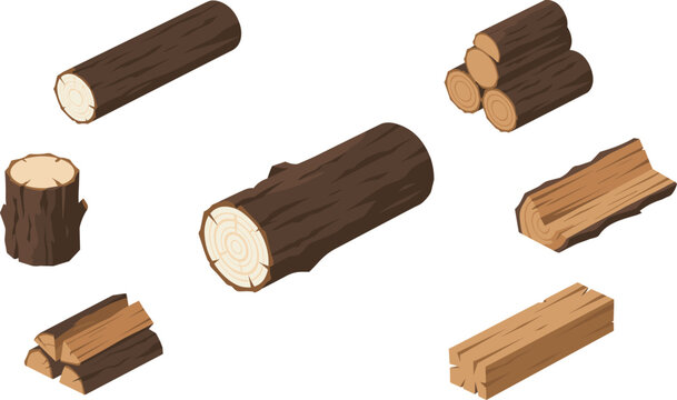 Isometric wood lumber timber material set featuring stacked brown logs industrial construction planks tree stumps and forestry firewood element illustrations
