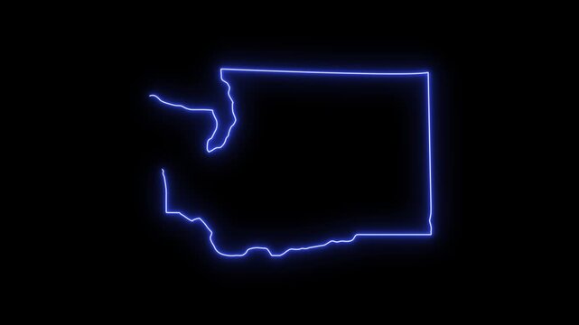 Glowing neon outline map of washington state, usa animated blue border on black background