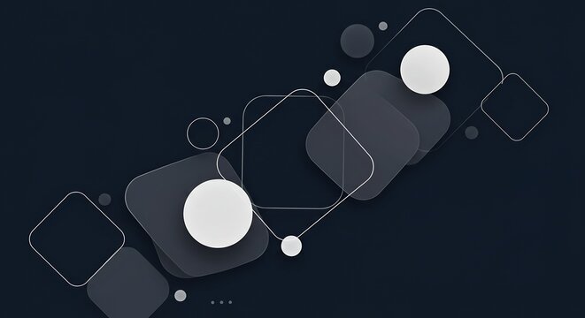 Geometric Abstraction: A minimalist composition featuring overlapping squares, circles, and rounded rectangles in shades of dark gray and white, creating a sense of depth and modern design.
