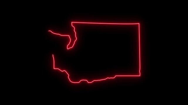 Neon red outline map of washington state, glowing us state border animation on black background