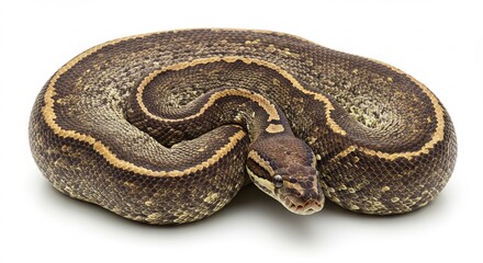 Obraz premium Serpentine Beauty: A striking python coiled gracefully, showcasing its intricate patterned scales and unique coloring.