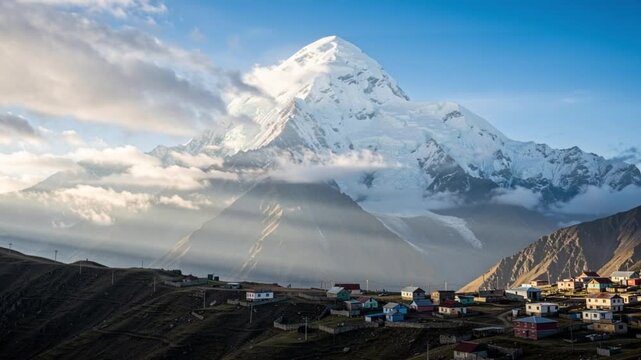 Snowy peaks overlooking ushguli winter village in svaneti georgia