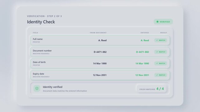 Digital identity check process verification step of three showing a comparing screen and a verified status.