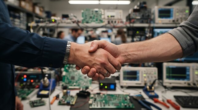 Two engineers shaking hands in a professional electronics laboratory