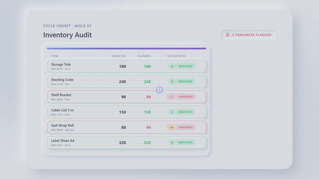 Inventory audit data showing stock differences on digital screen interface with clear metrics