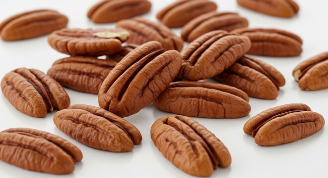 Pecan Nuts Scattered: A close-up shot showcases a pile of fresh pecan nuts, their rich brown shells displaying distinct grooved patterns, highlighting their natural texture and form.