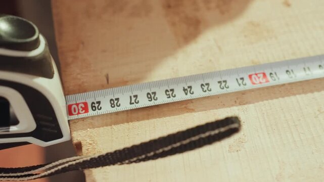 Hands carefully use metal tape measure to mark dimensions on light colored wood. yellow pencil traces marked line emphasizing accuracy in woodworking tasks