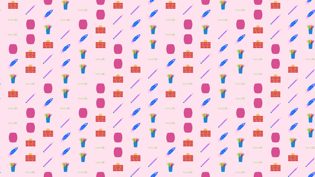 Seamless pattern of school supplies and decorative elements