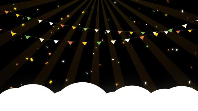 Festive celebration background with colorful bunting flags and falling confetti on a dark radial sunburst pattern
