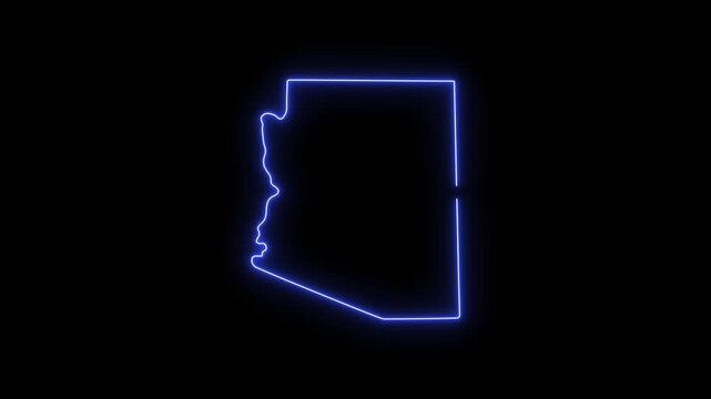 Glowing neon outline map of arizona state, usa, isolated on black background, for motion