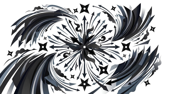 Black ninja shuriken and arrow radial design isolated on transparent